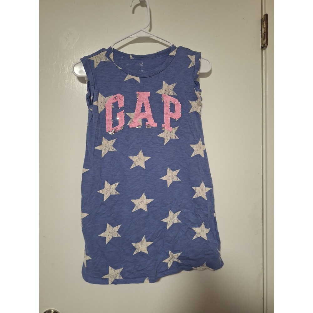 Gap Kids Girls Large L 10 11 Shirt Blue Star Print Pink Sequin Logo Cap Sleeve